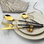 24Pcs Gold Mirror Silverware Flatware With Black Handle, 18/0 Stainless Steel Cutlery Set Utensils Kitchen Dinnerware Include Knife Fork Spoon and Teaspoon, Service for 4