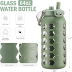 MUKOKO 64oz Glass Water Bottles with Straw and Lid,Half Gallon Water Bottle with Time Marker,Large Glass Water Jug with Silicone Sleeve and Stainless Steel Handle-Olive