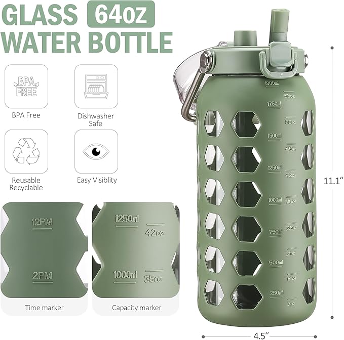 MUKOKO 64oz Glass Water Bottles with Straw and Lid,Half Gallon Water Bottle with Time Marker,Large Glass Water Jug with Silicone Sleeve and Stainless Steel Handle-Olive