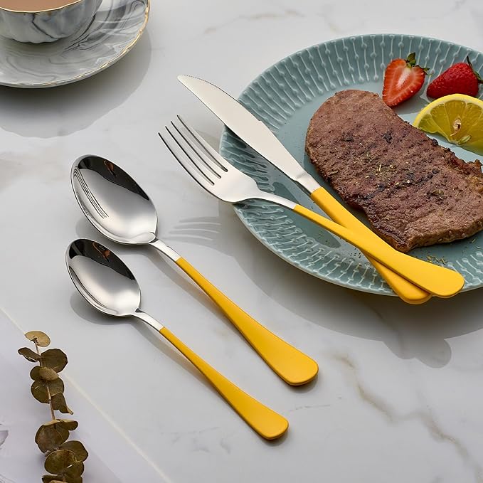 20-Piece Yellow Silverware Set 18/0 Stainless Steel Flatware Yellow Handle Cutlery Set Service for 4 Dinner Knives Forks Spoons Set Mirror Finish Dishwasher Safe