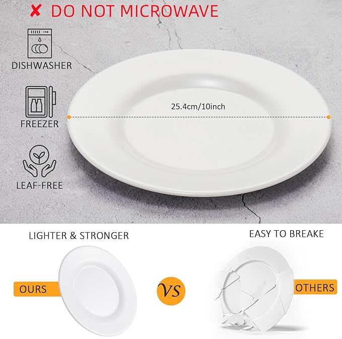 Melamine Dinner Plates,Round,Wide Side, Deep Plate,White,10 Inches,Set of 6,PYW-10-06