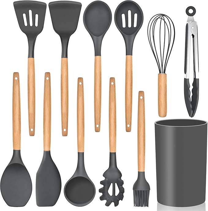 Kitchen Utensils Set of 12, E-far Silicone Cooking Utensils with Holder, Non-stick Cookware Friendly & Heat Resistant, Includes Spatula Tong Whisk Ladle Brush Slotted Turner Spoon(Gray)