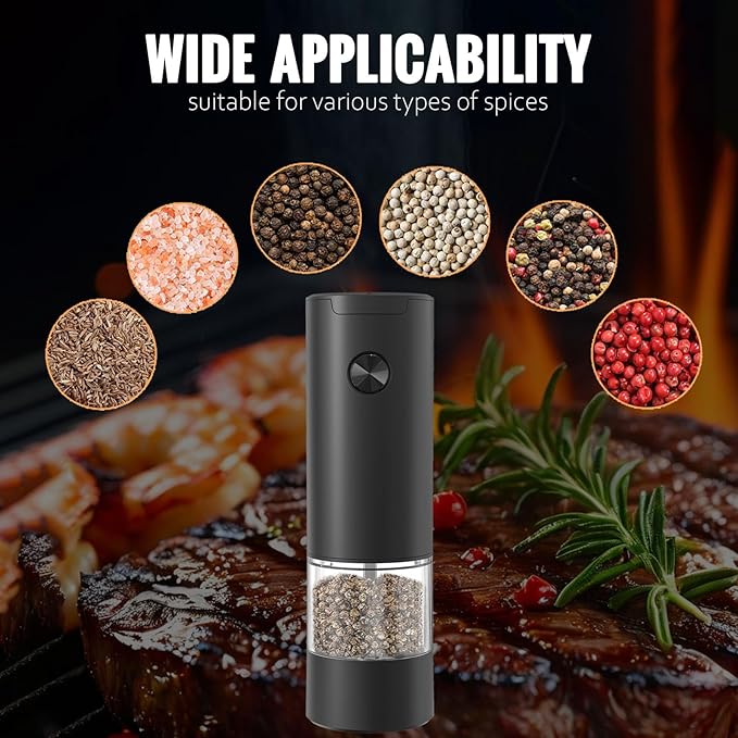 Electric Pepper Grinder or Salt Mill, Battery Operated Automatic Pepper Mill with LED Light, One-handed Operation Button Control, Adjustable Coarseness, Refillable, 70ml, Black (1 Pack)