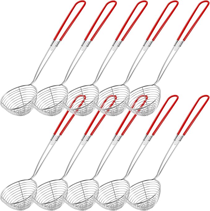Geiserailie 10 Pieces 6 Pieces Hot Pot Kit Strainer Scoops Stainless Steel 2.5 Inch Mini Spider Strainer Skimmer Pasta Mesh Spoon Asian Skimmer Spoon Ladle with Handle for Home (Red)