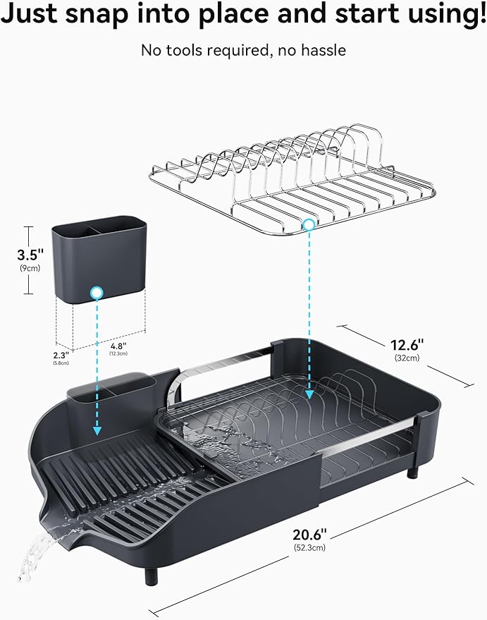 SUNLY Dish Drying Rack, Expandable Dish Racks for Kitchen Counter, Space Saving Kitchen Drying Rack with Sleek & Modern Design, Rust Proof Stainless Steel Dish Drainers with Utensil Holder, Deep Gray