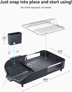 SUNLY Dish Drying Rack, Expandable Dish Racks for Kitchen Counter, Space Saving Kitchen Drying Rack with Sleek & Modern Design, Rust Proof Stainless Steel Dish Drainers with Utensil Holder, Deep Gray
