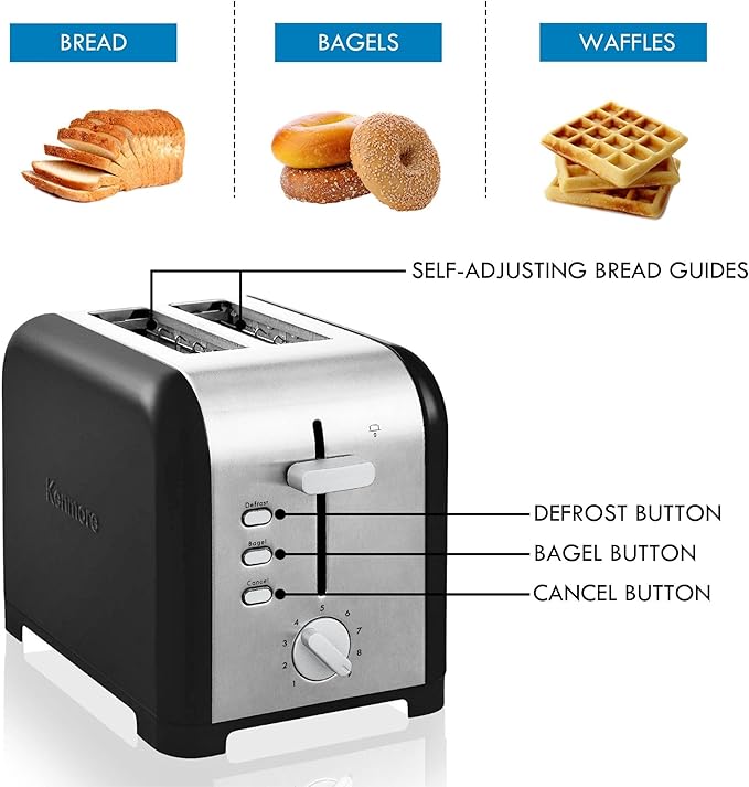 Kenmore toaster 2 slice - extra wide slot countertop kitchen appliance, defrost function, tostador de pan, 9 shade settings, compact design, easy clean crumb tray, bread bagel, stainless steel & black