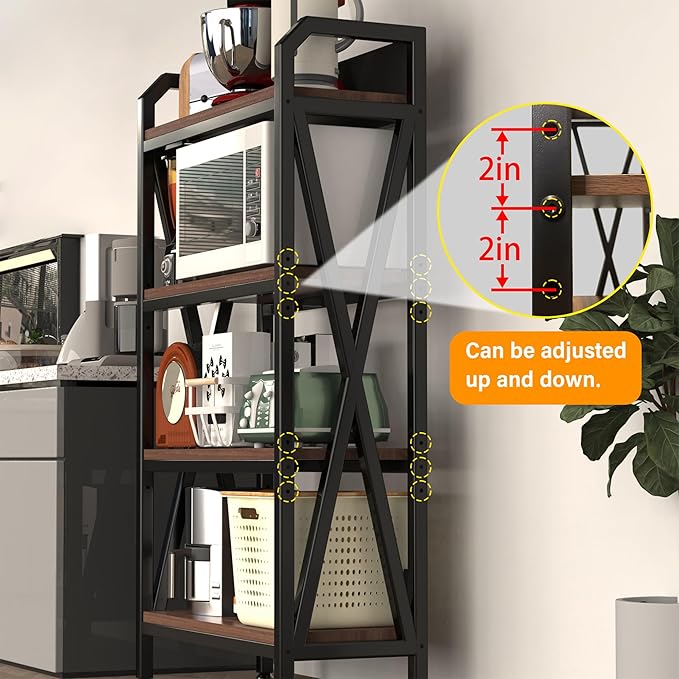 KEIKI 4-Tier Kitchen Bakers Rack with Storage, 56.3'' Microwave Stand, Bookcase Shelf Adjustable Shelves Freestanding, Bakers Rack for Kitchen, Garage, Pantry, Bathroom