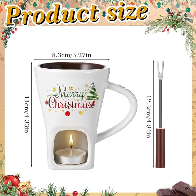 Honeydak Christmas Chocolate Fondue Mug with Fork and 3 Candle Sweet Ceramic Personal Chocolate Melting Cup Ideal Xmas Gifts Birthday Date Night Birthday Wedding Gifts(White,Modern)