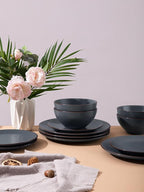 Famiware Venus Plates and Bowls Sets, 18 Pieces Stoneware Dinnerware Sets, Speckled Dishes Set for 6, Microwave and Dishwasher Safe, Matte Charcoal