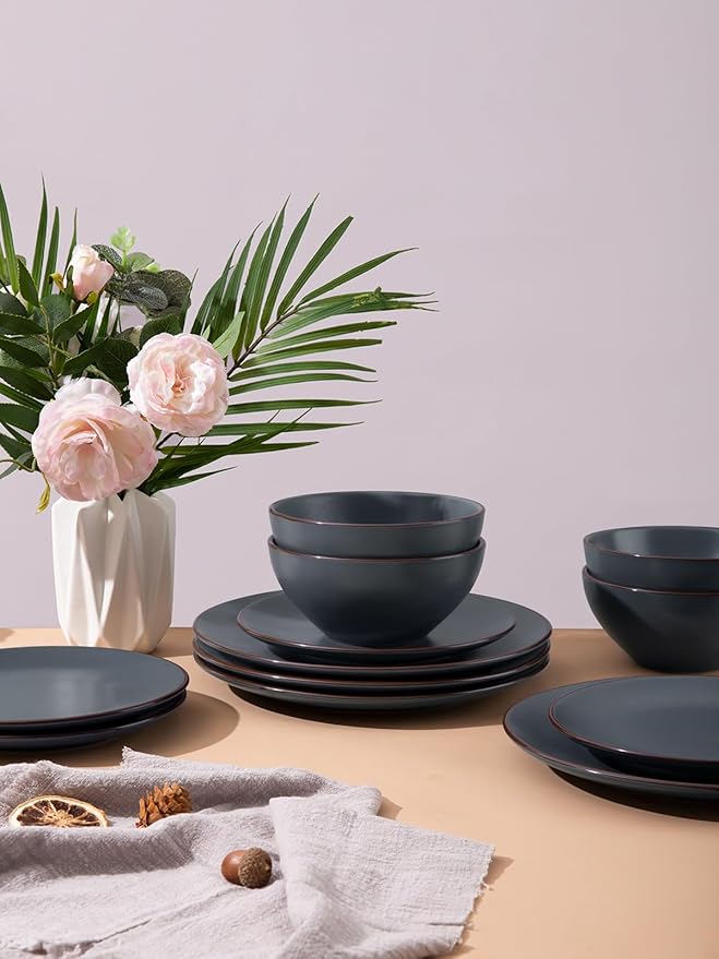 Famiware Venus Ceramic Plates and Bowls Sets, Speckled Dinnerware Dish Sets for 8 (24 Pieces) - Microwave and Dishwasher Safe, Matte Charcoal