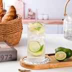 WHJY Ribbed Glassware Tall Highball Glasses Unique Everyday Drinking Glasses Set of 4 for Cocktail, Whiskey, Beer, Juice -13 oz 5.7"