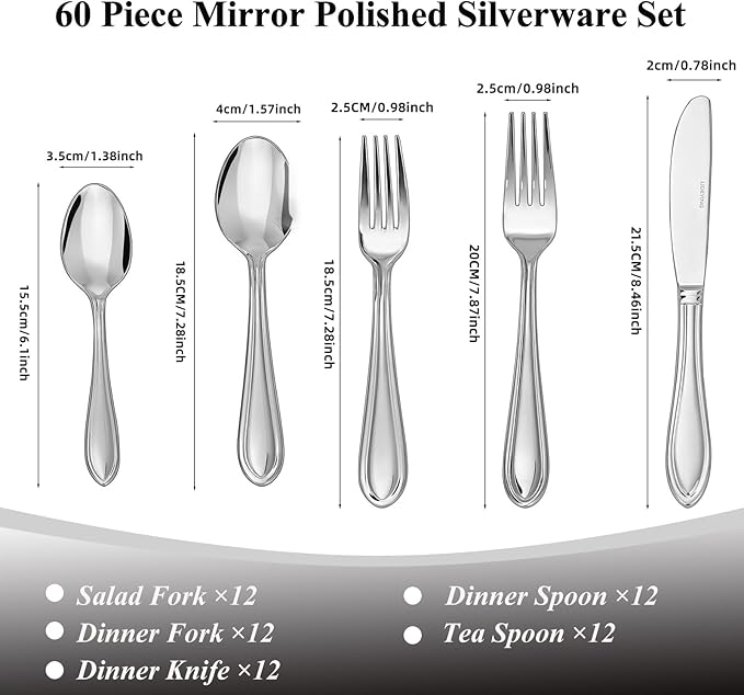 Silverware Set, 60-Piece Stainless Steel Flatware, 18/0 Stainless Steel Utensils, Dishwasher Safe, Modern Tableware for Home & Kitchen Dining