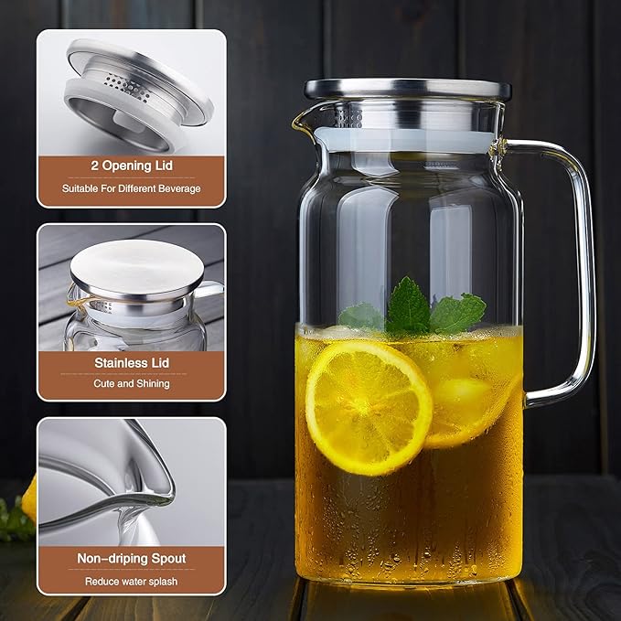 42OZ Glass Pitcher with Lid and Spout, Water Jug, 1250ml Carafe for Hot/Cold Water, Juice and Homemade Beverage, Large Iced Tea Pitcher for Coffee