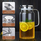 42OZ Glass Pitcher with Lid and Spout, Water Jug, 1250ml Carafe for Hot/Cold Water, Juice and Homemade Beverage, Large Iced Tea Pitcher for Coffee