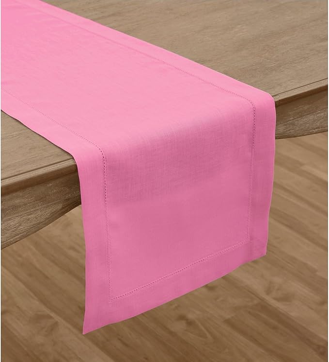 Solino Home Linen Table Runner 36 Inches - 100% Pure Linen Flamingo Pink Hemstitch Table Runner 14 x 36 Inch Ideal for Dresser and Coffee Tables - Summer, Halloween - Classic Hemstitch