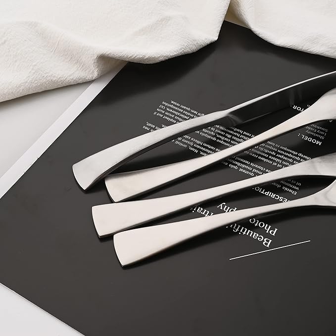 Luxury 304 Stainless Steel Matte Silver Cutlery Flatware Set - Utensil Set Steak Spoons and Forks Knife Silverware Set,Service for 4 (24-Piece)