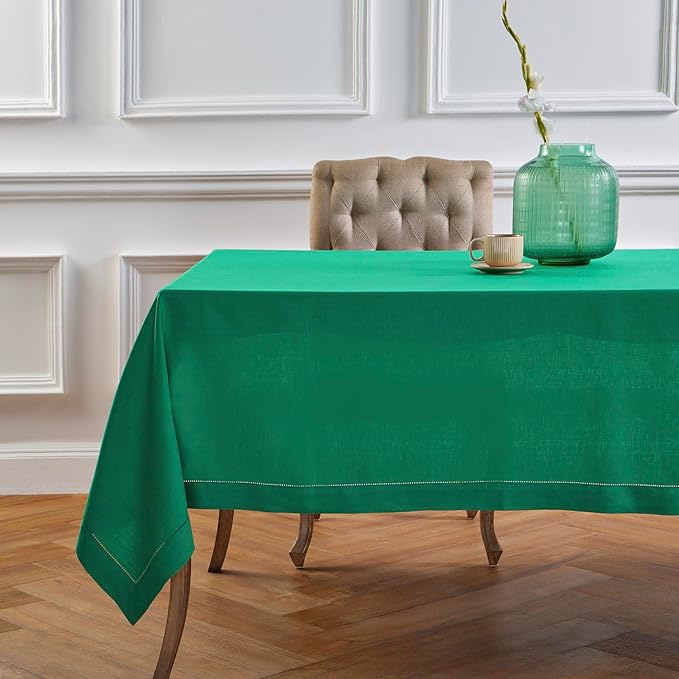 Solino Home Linen Tablecloth 60 x 108 Inch - Classic Hemstitch 100% Pure Linen Emerald Green Table Cloth for Rectangle Tables - Machine Washable Tablecloth