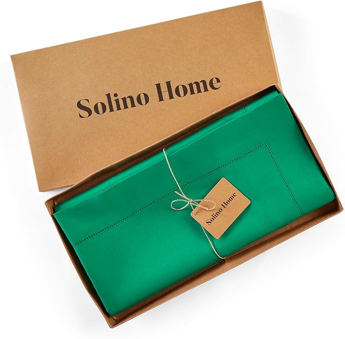 Solino Home Linen Emerald Green Tablecloth 52 x 52 Inch - 100% Pure Linen Square Table Throw - Classic Hemstitch, Machine Washable Table Cloth