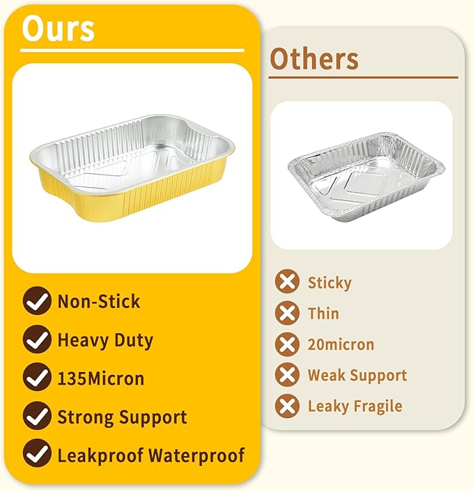 15 Pack Gold Aluminum Foil Pans with Lids 9x13, Extra Heavy Duty Aluminum Foil Baking Pans with Lids, Double Thick Half Size Tin Foil Food Container with Lids for Baking, Heating, Cooking