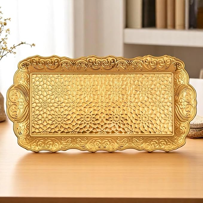 Alisveristime Small Ornate Metal Serving Tray – Ottoman Motif Decorative Tray (14.2" x 7.1", 10.8 oz) (Gold)