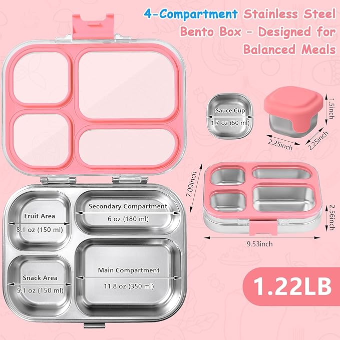 MISS BIG 4 Compartment Stainless Steel Lunch Box for Kids Leakproof Bento Box with Metal Sauce Container, 50 Mixed Food Stickers, BPA-Free, Dishwasher Safe Ideal for School & Toddlers （Pink）
