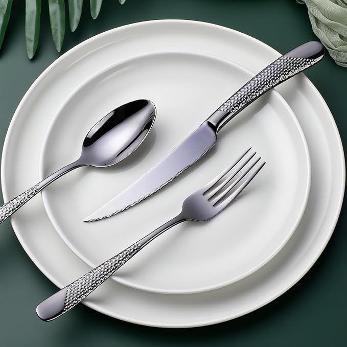 Hammered Black Silverware Set, OGORI 24-Piece 18/10 Stainless Steel Flatware Set, Service of 6