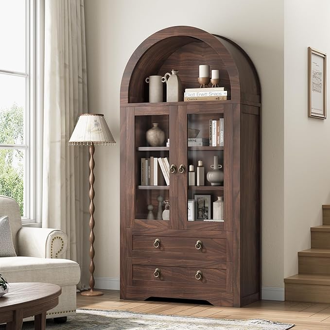 Kitchen Pantry Cabinet, Arched Bookshelf Bookcase China Pantry Storage Cabinet with Drawers Doors and Shelves,71“ Tall Food Pantry Funiture for Living Room,Dining Room (Walnut)