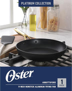 Oster Platinum Abbotsford 11-Inch Nonstick Skillet Fry Pan – Matte Black Stripe Cookware with Gold Handle, Dishwasher Safe, Modern Kitchen Essentials