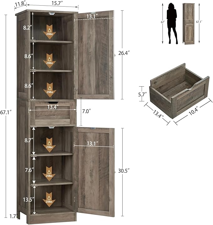 Iwell 67" Tall Storage Cabinet, Narrow Storage Cabinet with Drawer & Adjustable Shelves, Bathroom Cabinet, Floor Cabinet for Living Room, Home Office, Rustic Oak