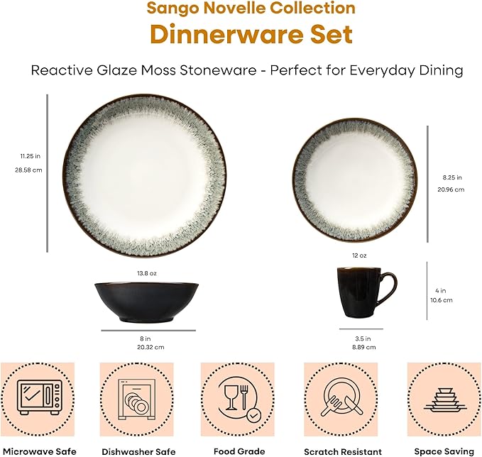Sango Novelle 16-Piece Casual Moss Porcelain Dinnerware Set – Service for 4, Plates, Bowls & Mugs, Brown & Green Reactive Glaze, Microwave & Dishwasher Safe, for Everyday Dining & Entertainment