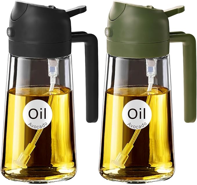 YARRAMATE 2Pcs 16oz/470ml Glass Olive Oil Sprayer for Cooking with Stickers, 2 in 1 Oil Dispenser for Kitchen Gadgets, Food Grade Premium Spray Bottle for Salad, BBQ (Black&OliveGreen)