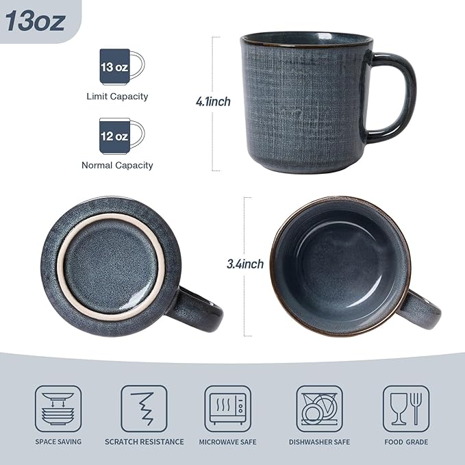 famiware Moonlight Coffee Mug Set of 4, 13oz Mug Set with Linen Finish, Coffee Cup Set with Handle for Latte, Cappuccino, Tea, Hot Cocoa, Microwave and Dishwasher Safe, Dark Blue