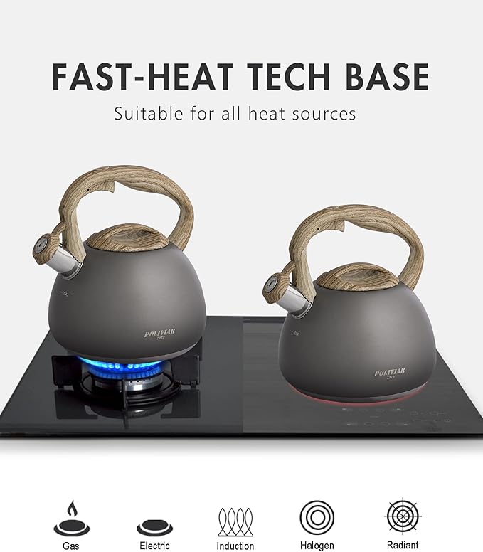 POLIVIAR Tea Kettle, Iron Grey Tea Pot Stovetop, 2.7 Quart Loud Whistling Coffee and Teapot, Food Grade Stainless Steel for Anti-Hot Handle and No-Rust, Suitable for All Heat Sources (JX2020-QB30)