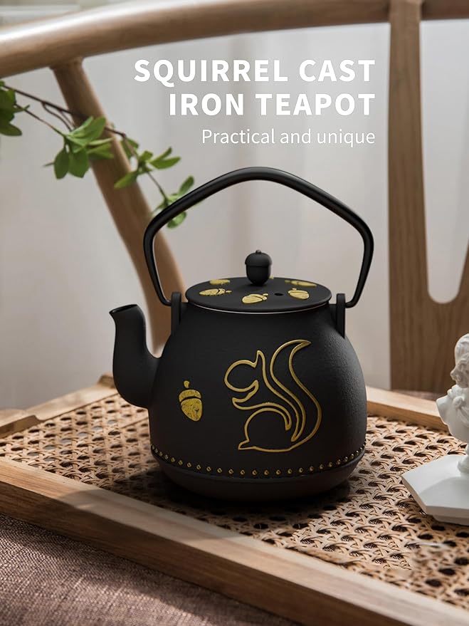 Toptier Teapot with Removable Infuser, Cast Iron Tea Kettle Stovetop Safe, Squirrel Design Tea Pot Coated with Enameled Interior for 32 Ounce (950 ml), Black