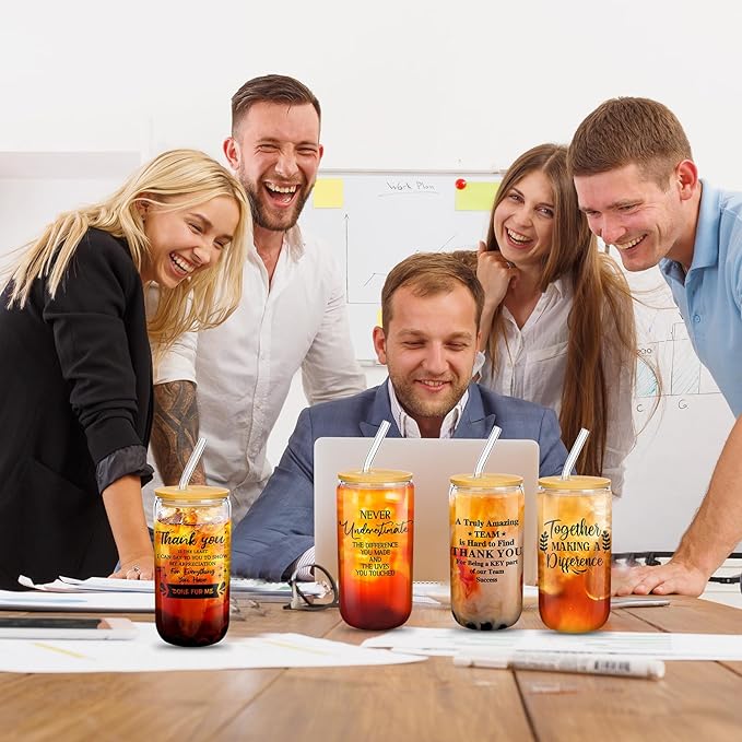 Layhit 24 Set Bulk Thank You Team Gifts Cups for Employees Staff Coworker Christmas Appreciation Gifts Thank You Glass Cups 16 oz Can Shaped Beer Glass with Lids Straws Brushes(Bright Style)