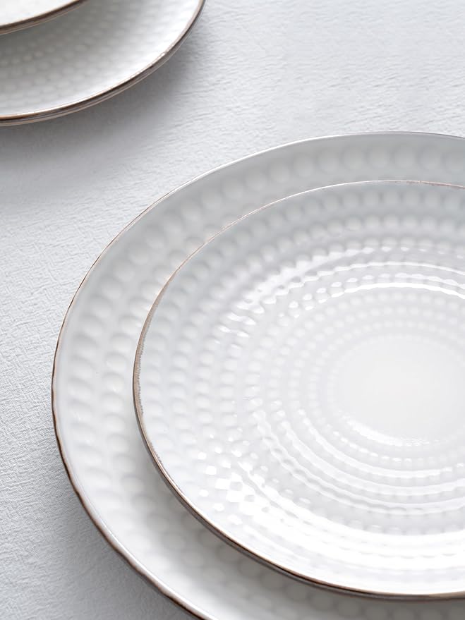 Famiware Eden Plates and Bowls Sets, Stoneware Dinnerware Sets with Gold Trim, 12 Pieces Dishes Set for 4 - Chip and Scratch Resistant, Microwave and Dishwasher Safe, White Circle