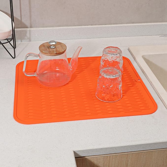 Silicone Dish Drying Mat for Multiple Usage,Easy clean,Eco-friendly,Heat-resistant Silicone Mat for Kitchen Counter or Sink,Refrigerator or Drawer Liner Orange XL 18 inches x 16 inches