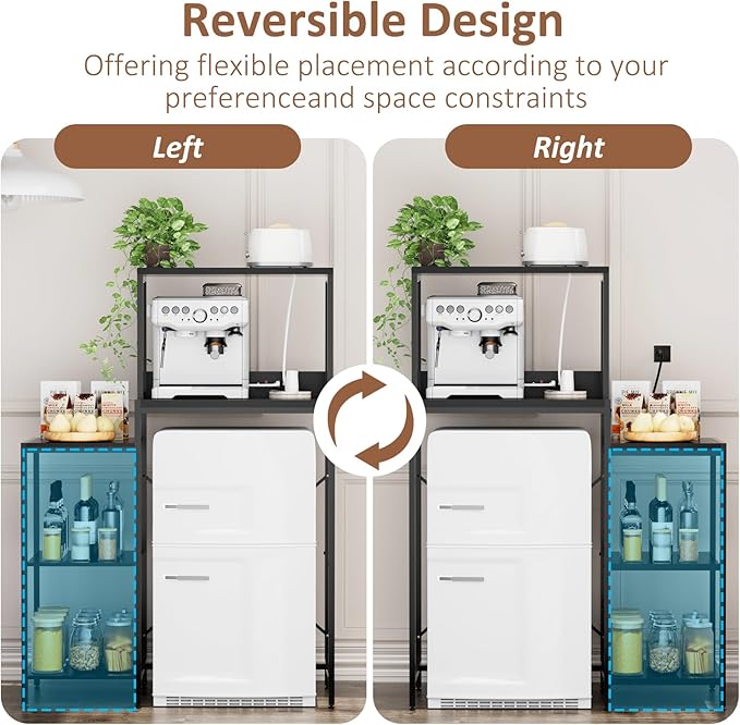 Mini Fridge and Microwave Stand Over Refrigerator Storage Shelf with Power Outlet, 5 Tiers Adjustable Bakers Rack Cabinet Coffee Bar Appliance Organizer for Dorm Office,Black