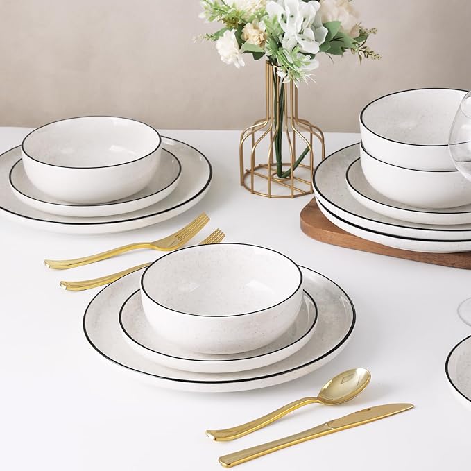 Plates and Bowls Sets for 4,12 Pieces Ceramic Dish set, White Dinnerware Set for Kitchen, Modern Design Plate Sets with Black Rim, Microwave and Dishwasher Safe
