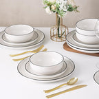 Plates and Bowls Sets for 4,12 Pieces Ceramic Dish set, White Dinnerware Set for Kitchen, Modern Design Plate Sets with Black Rim, Microwave and Dishwasher Safe