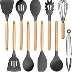 E-far Gray Silicone Cooking Utensils Set, 10-Piece Kitchen Utensils Set with Wooden Handle for Nonstick Cookware, Heat Resistant Kitchen Nonstick Tools Spatula Whisk Tongs Ladle, Non-toxic & Healthy