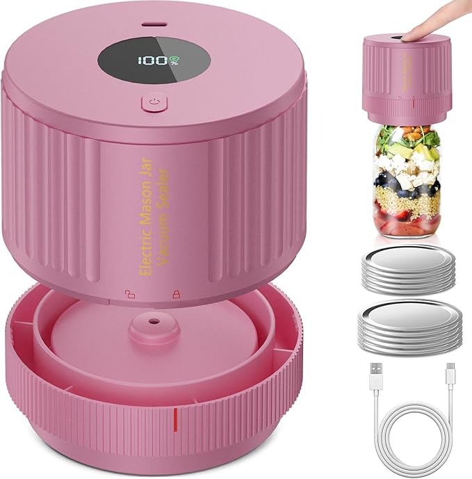 Electric Mason Jar Vacuum Sealer Kit for Wide Mouth and Regular Mouth Mason Jar - Pink