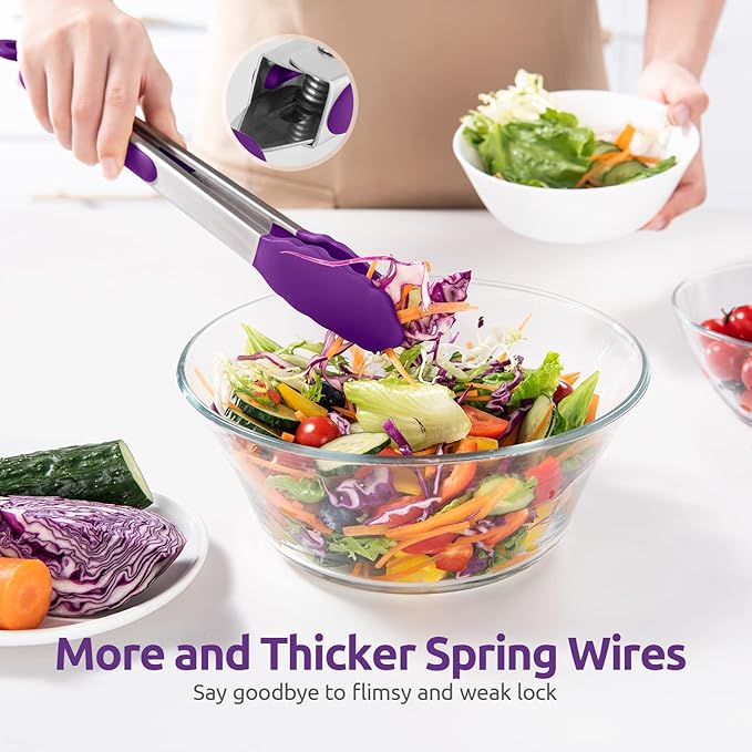 600ºF Heat Resistant Kitchen Tongs: U-Taste 12 inch Large Silicone Cooking Tong with Sturdy Non Stick Rubber Tips & Silicon Coated 18/8 Stainless Steel Handle & Smooth Locking for Serving Grill-Purple