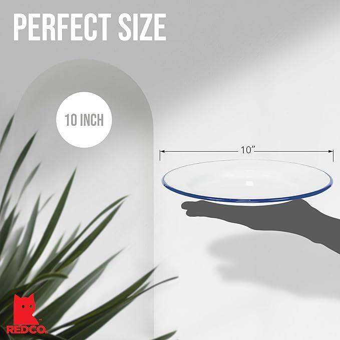 Red Co. Set of 4 Enamelware Metal Classic 10" Round Dinner Plate, Solid White/Navy Blue Rim