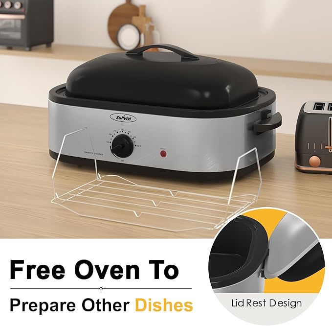 Sunvivi 14-Quart Electric Roaster Oven with Self-Basting Lid, Turkey Roaster Oven with Rack, Stainless Steel, Silver