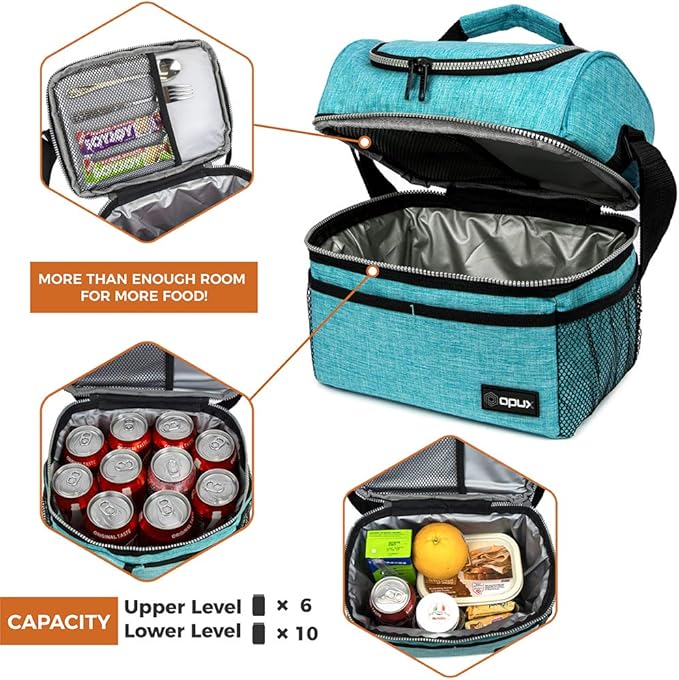 OPUX Lunch Box For Men Women, Insulated Large Lunch Bag Adult Work, Double Decker Lunchbox Meal Prep Dual Compartment Leakproof Lunch Cooler,Soft Lunch Tote Boys Girls Kids School, Aqua Turquoise 12L
