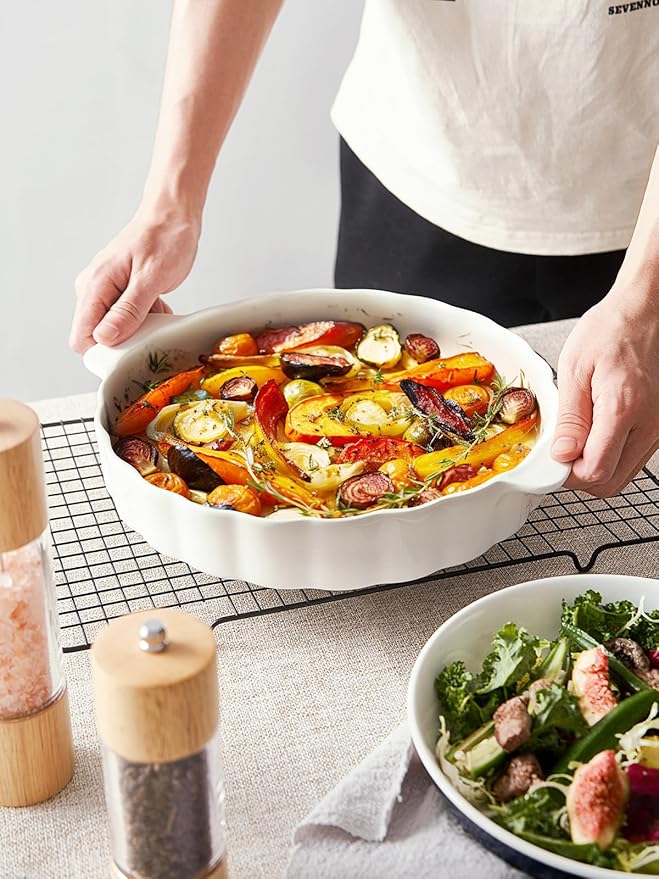 Ceramic Pie Pan For Baking,13Inch Round Baking Dish With Double Handle,Pie Plate With Ruffled Edge-Microwave, Dishwasher, and Oven Safe