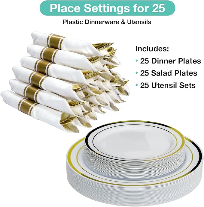 Pre Wrapped Cutlery Set- 25 sets of Fork, Knife, Spoon wrapped in a napkin - 25 Small Plates- 25 Big Plates (Gold)