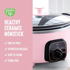 GreenLife 3.5QT Slow Cooker, Non-Toxic PFAS-Free Ceramic Nonstick Removable Interior Bowl, Programmable, Keep Warm, Stovetop & Oven Safe, Dishwasher Safe Parts, Glass Lid, Pink